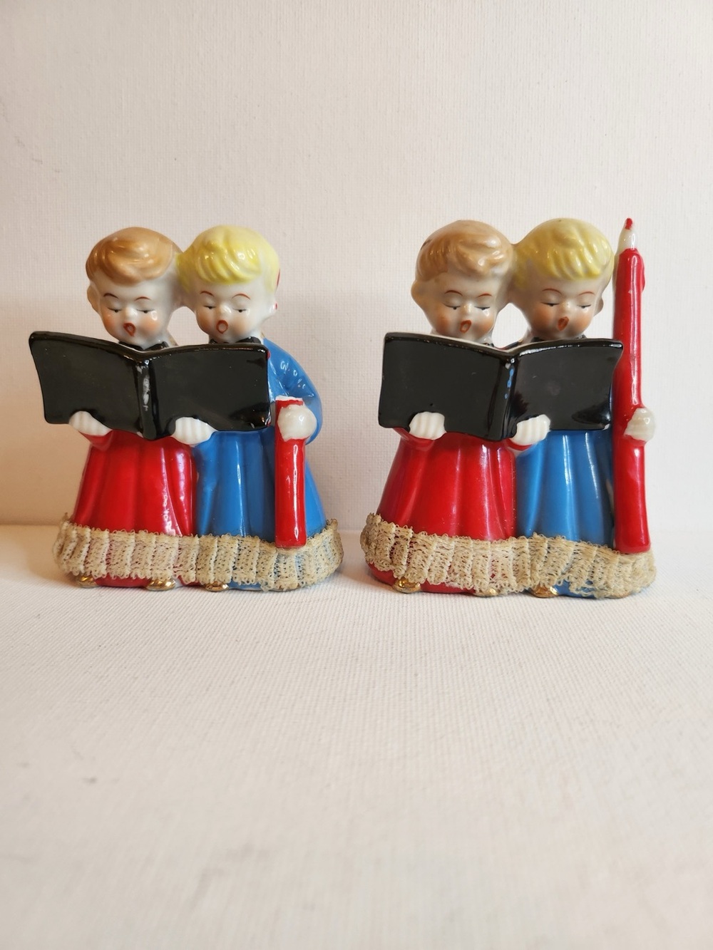 Pair Vintage Mid-Century Choir Boy Figurines Japan Dresden Lace 3.5”